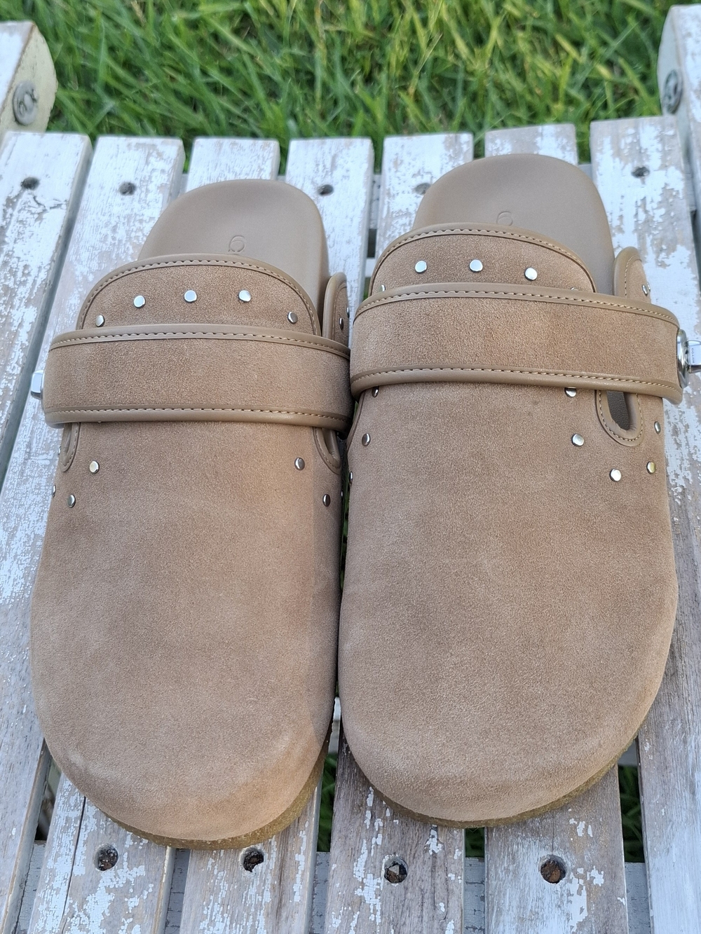 Coach Suede Slip-On Clogs with Silver Studs — Tan